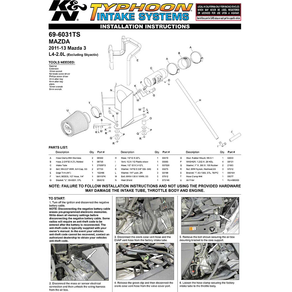 K&N 69 Series Typhoon Performance Intake Kit 2011-13 Mazda 3 L4-2.0L