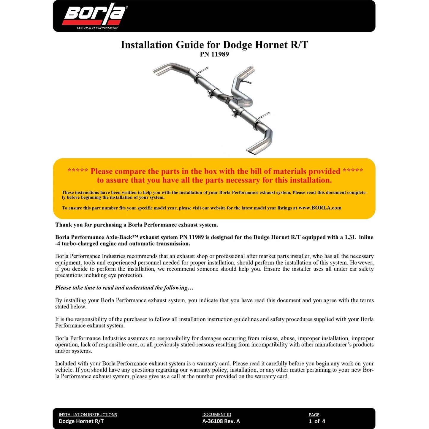 Borla 2024 Dodge Hornet R/T 1.3L 4-Cyl Turbo AT AWD Axle-Back Exhaust