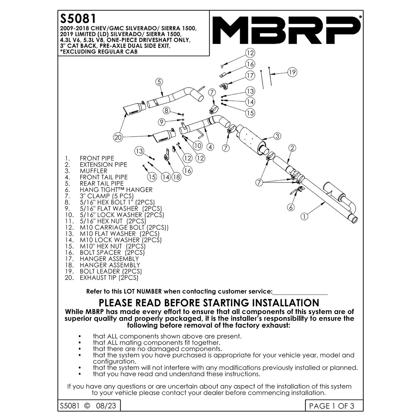 MBRP 09+ Chevrolet Silverado 1500 4.3L 3in Pre-Axle Dual Outlet Cat Back - T409
