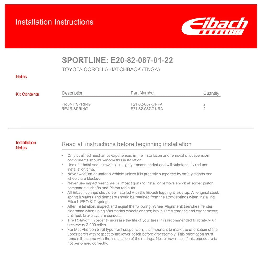 Eibach Sportline Kit for 19-22 Toyota Corolla Hatchback