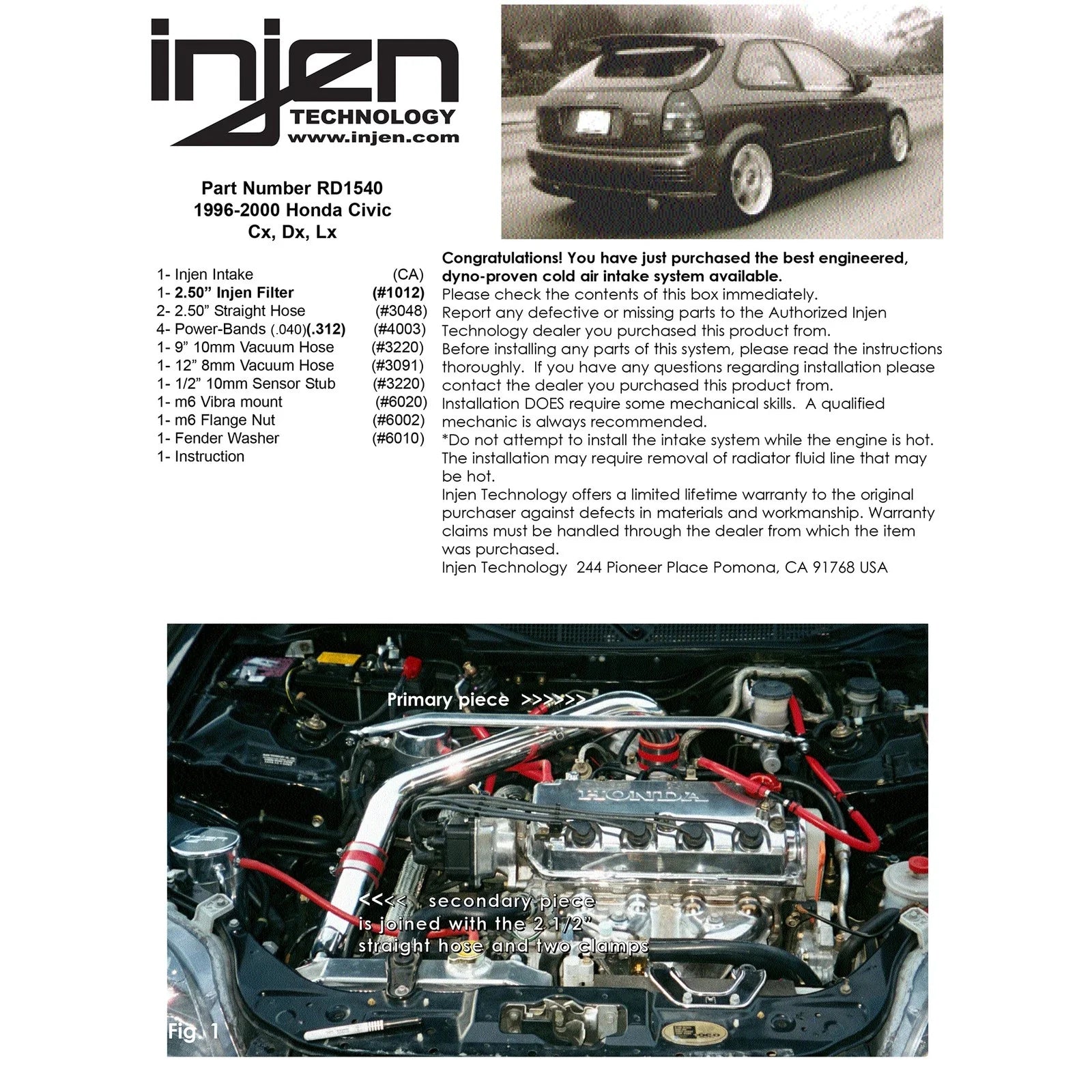 Injen 96-00 Civic Cx Dx Lx Polished Cold Air Intake