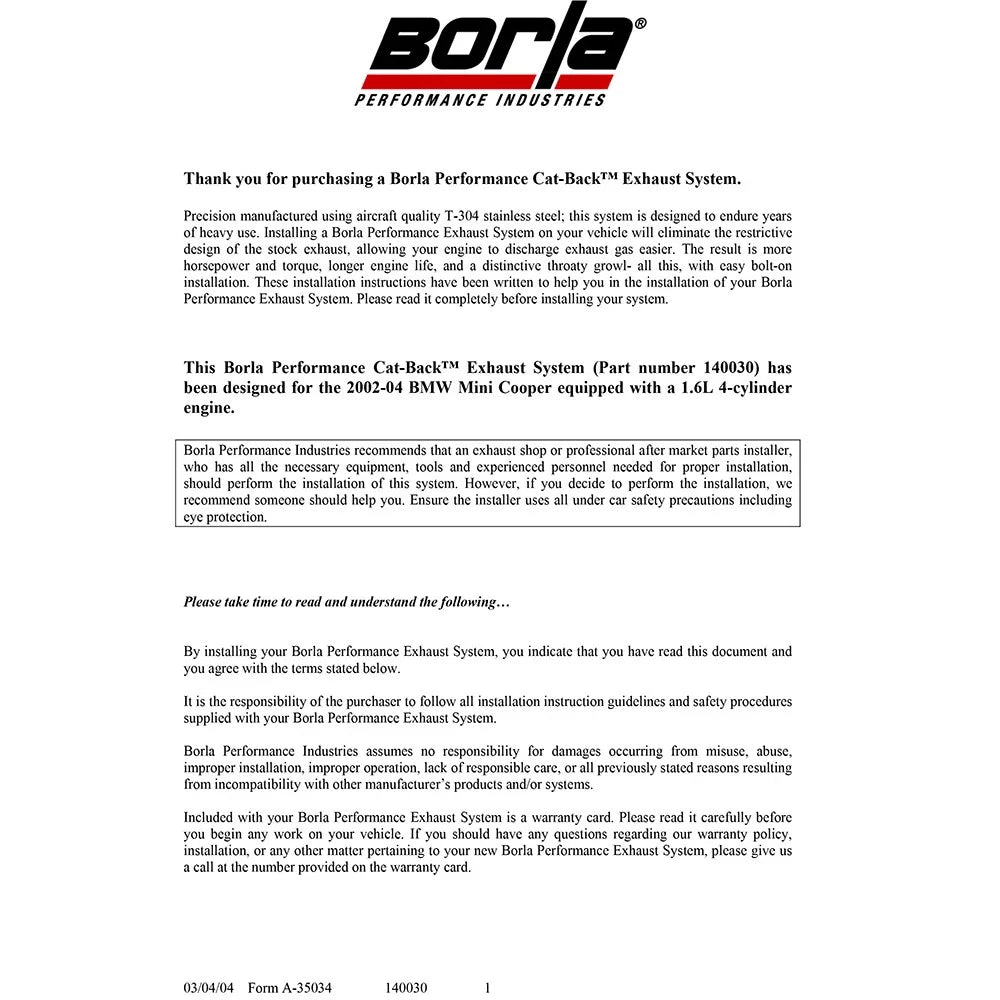 Borla 02-06 Mini Cooper Cat-Back Exhaust