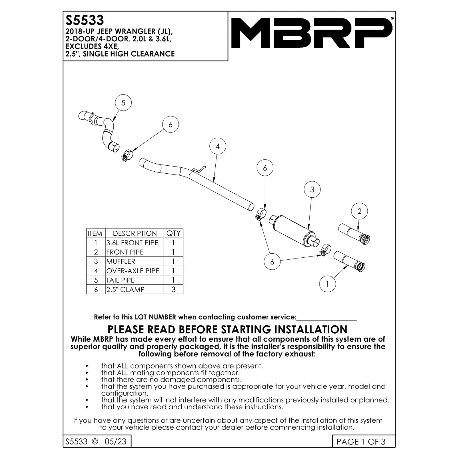 MBRP 18-20 Jeep Wrangler JL 2.5in Single Rear Exit Cat Back Exhaust - Aluminum