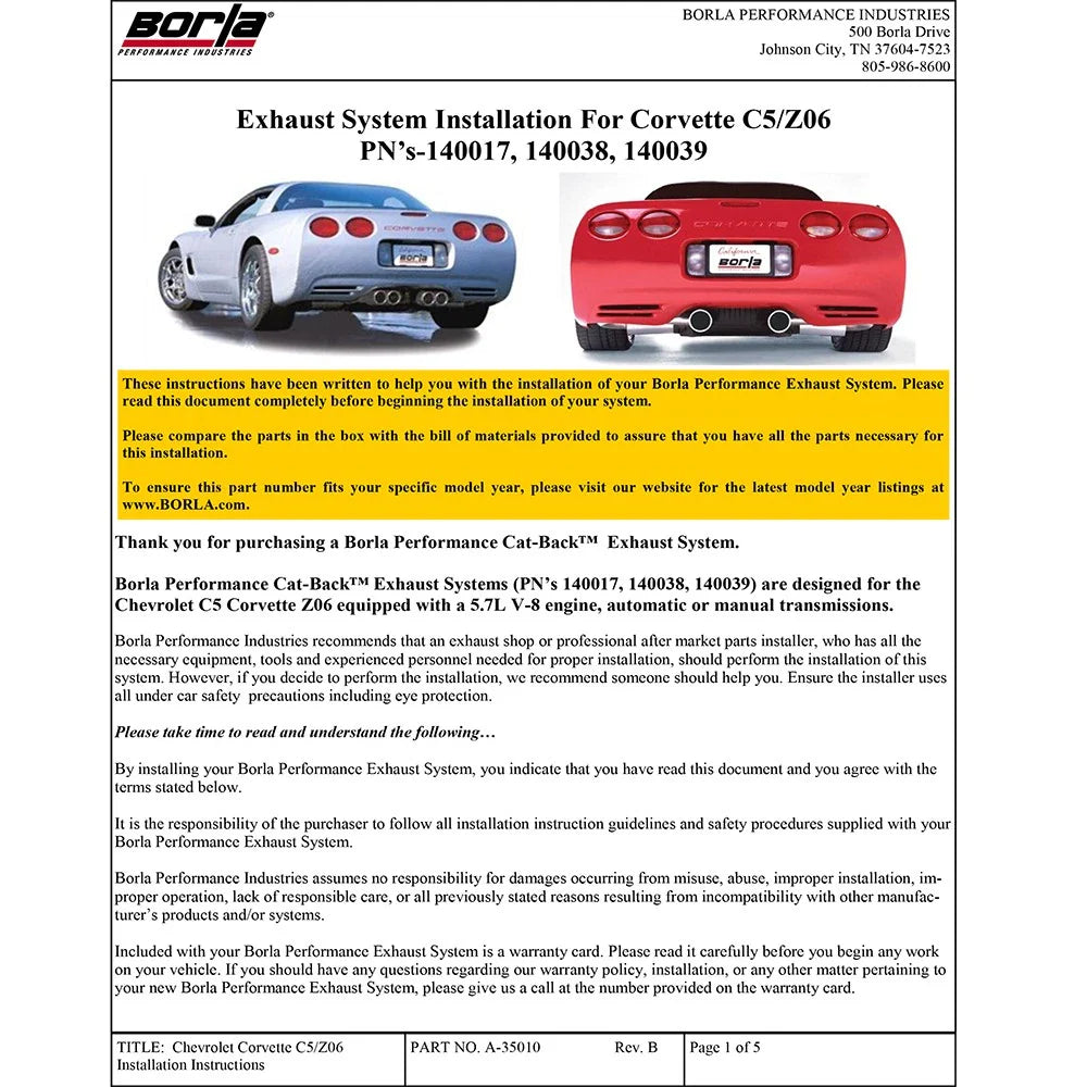 Borla 97-04 C5 Corvette (incl Z06) 5.7L V8 AT/MT Aggressive Stinger Cat-Back Exhaust