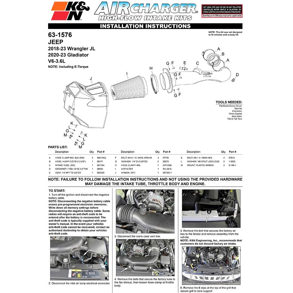 K&N 2018 Jeep Wrangler JL V6-3.6L F/I AirCharger Performance Intake