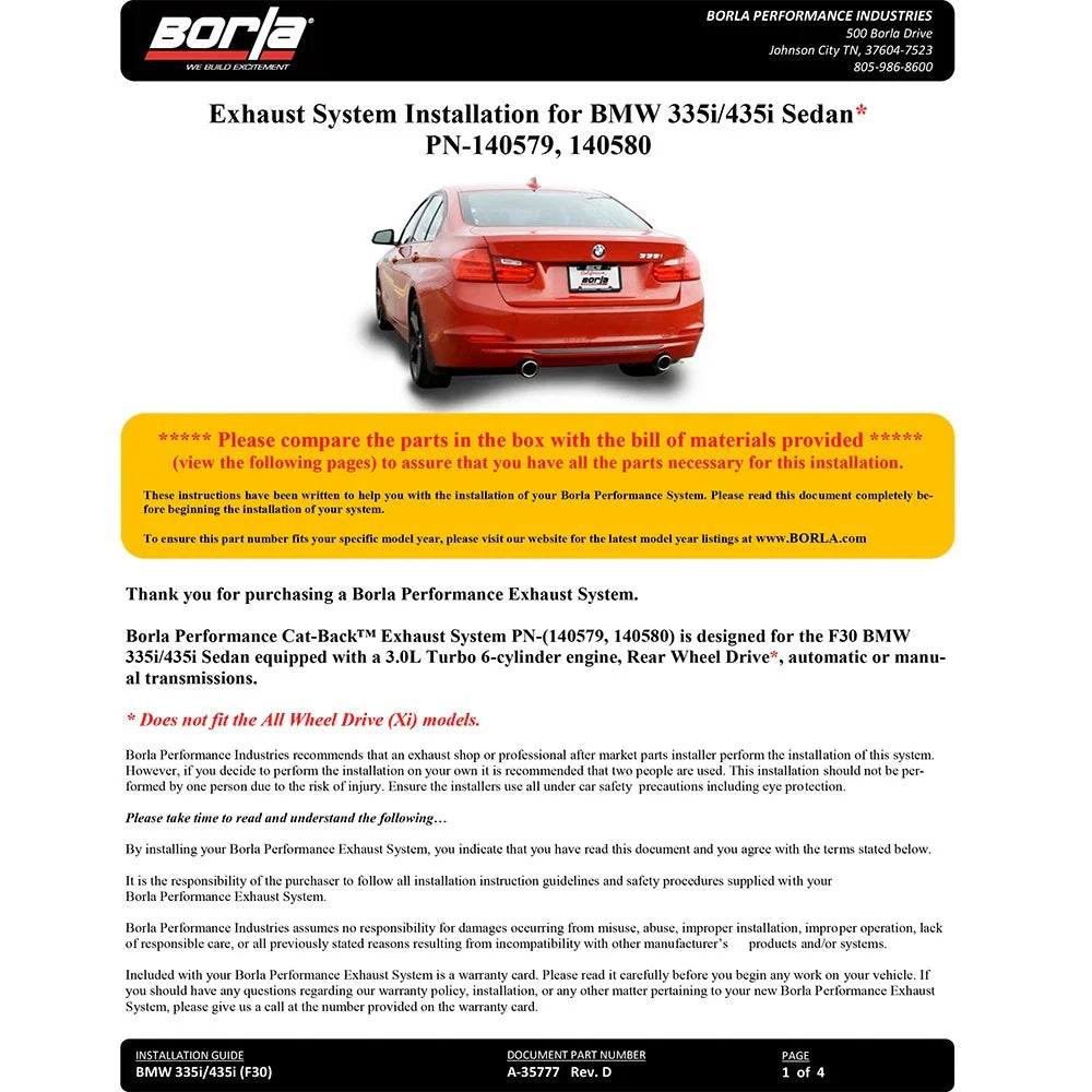 Borla 13-16 BMW 335i / 435i Atak Cat back SS 3.0in, 2.25in 3.5in Tip Single Rolled