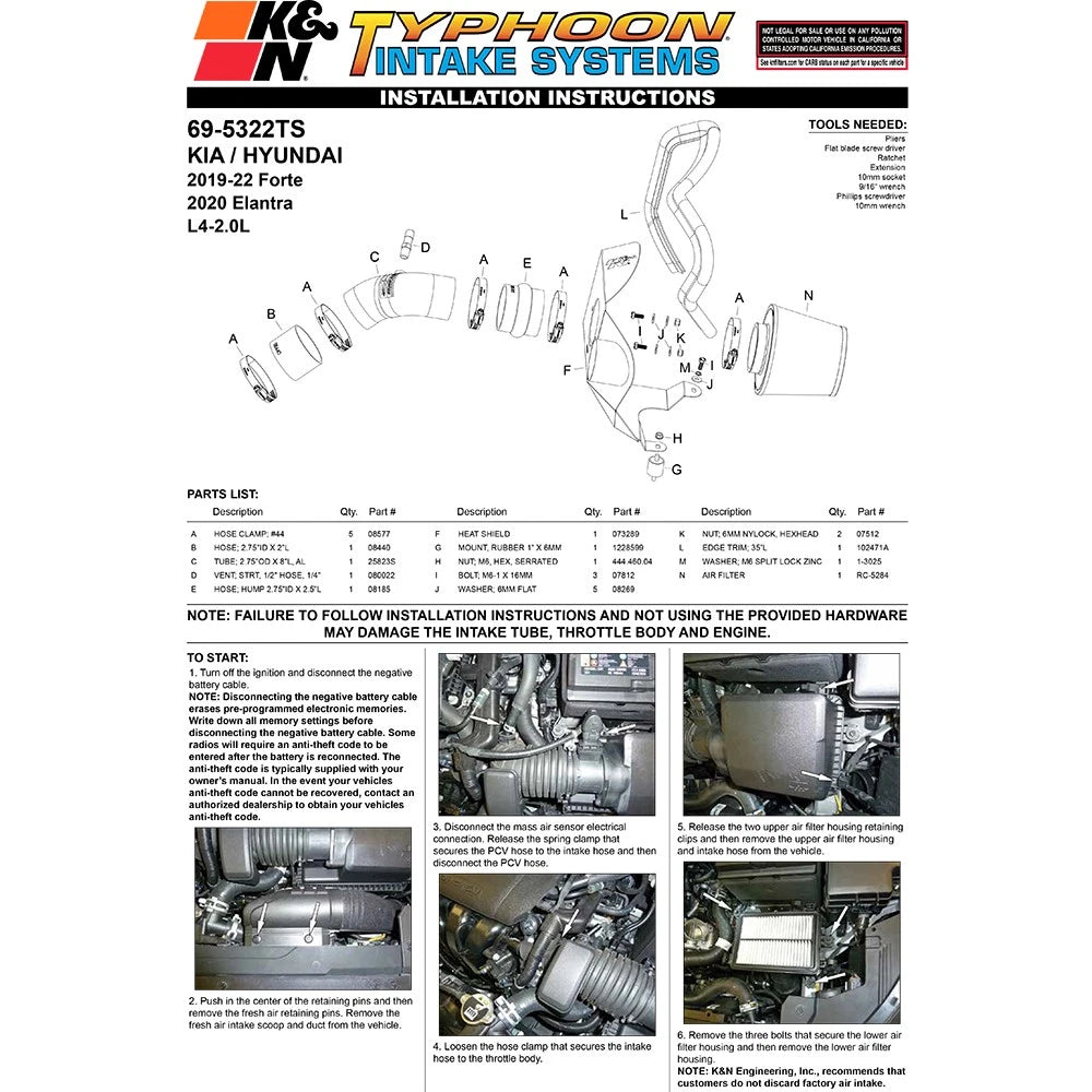 K&N 19-20 Kia Forte L4-2.0L F/I Typhoon Performance Air Intake System