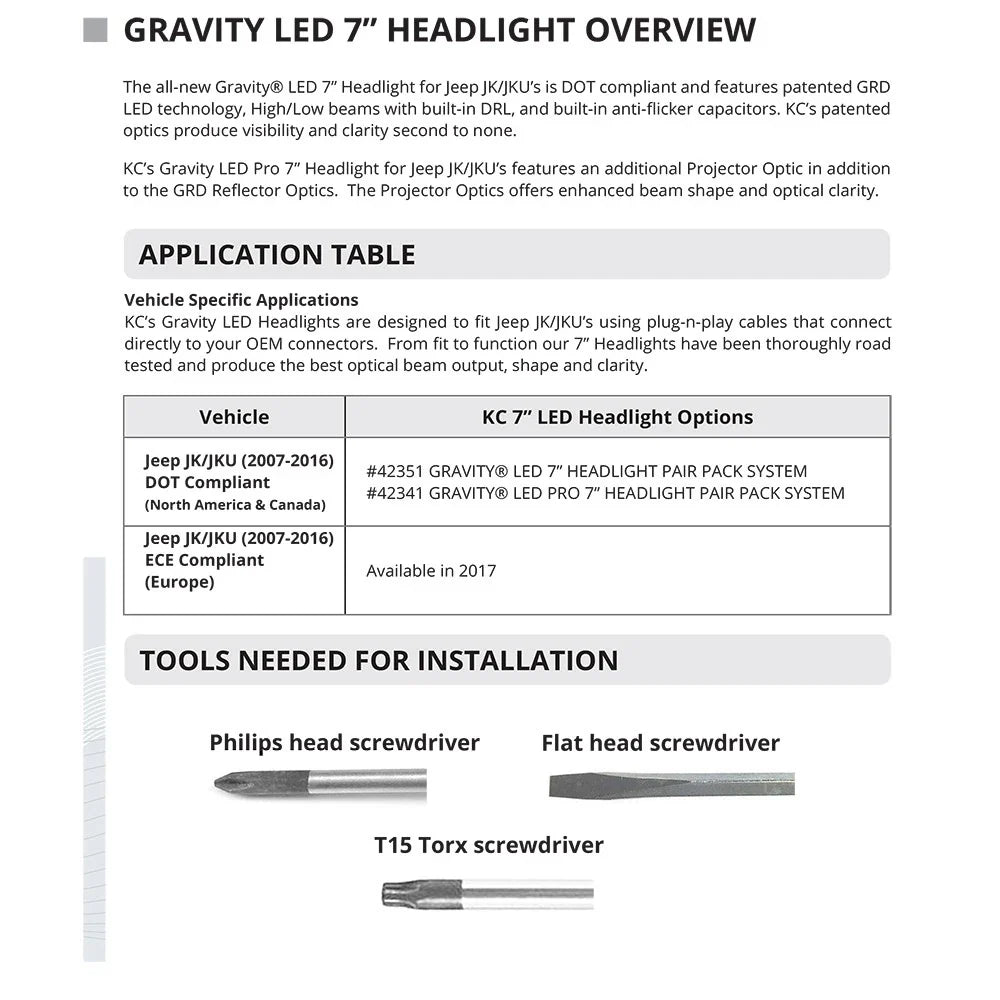 KC HiLiTES 07-18 Jeep JK (Not for Rubicon/Sahara) 7in. Gravity LED DOT Headlight (Pair Pack System)