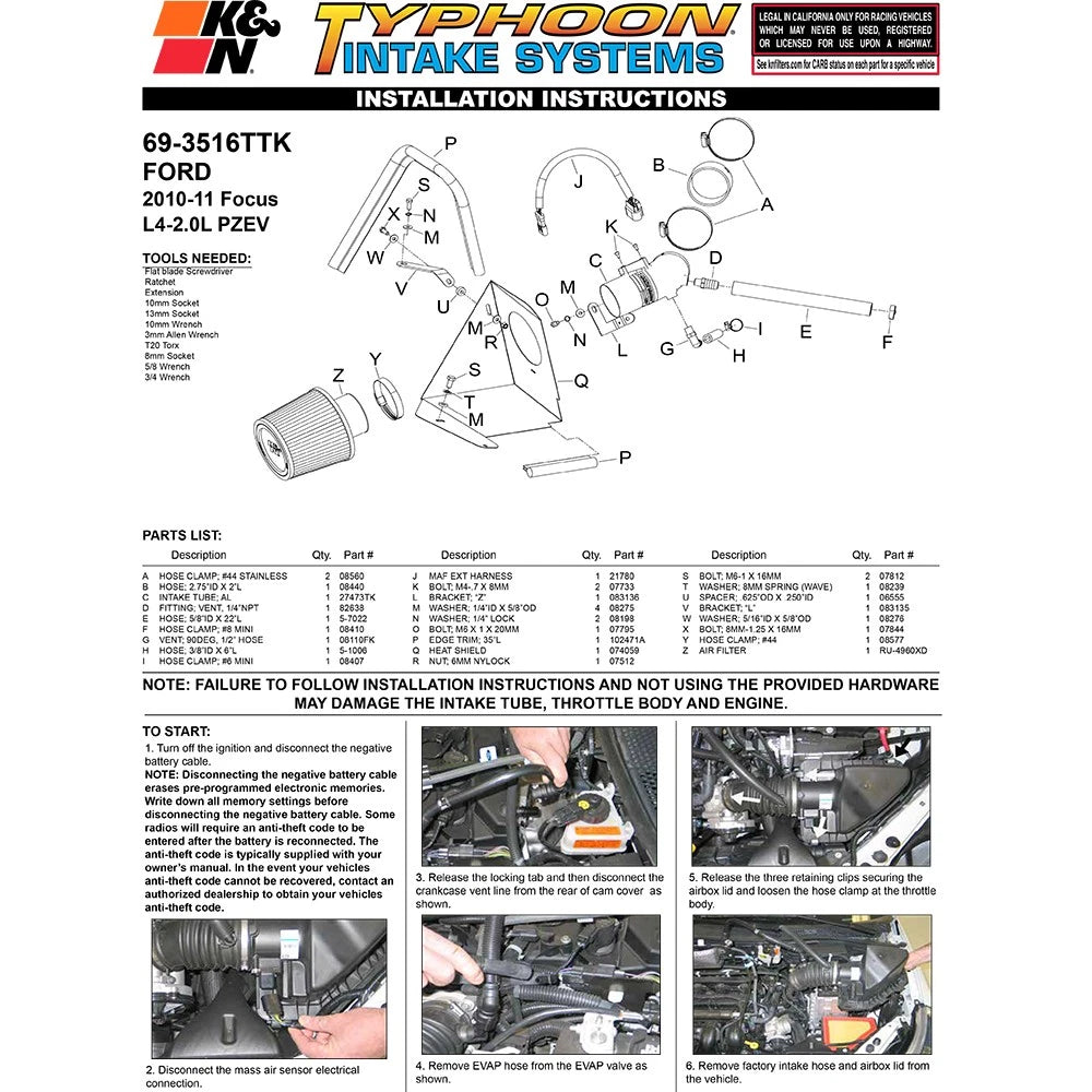 K&N 10 Ford Focus L4-2.0L Typhoon Short Ram Intake