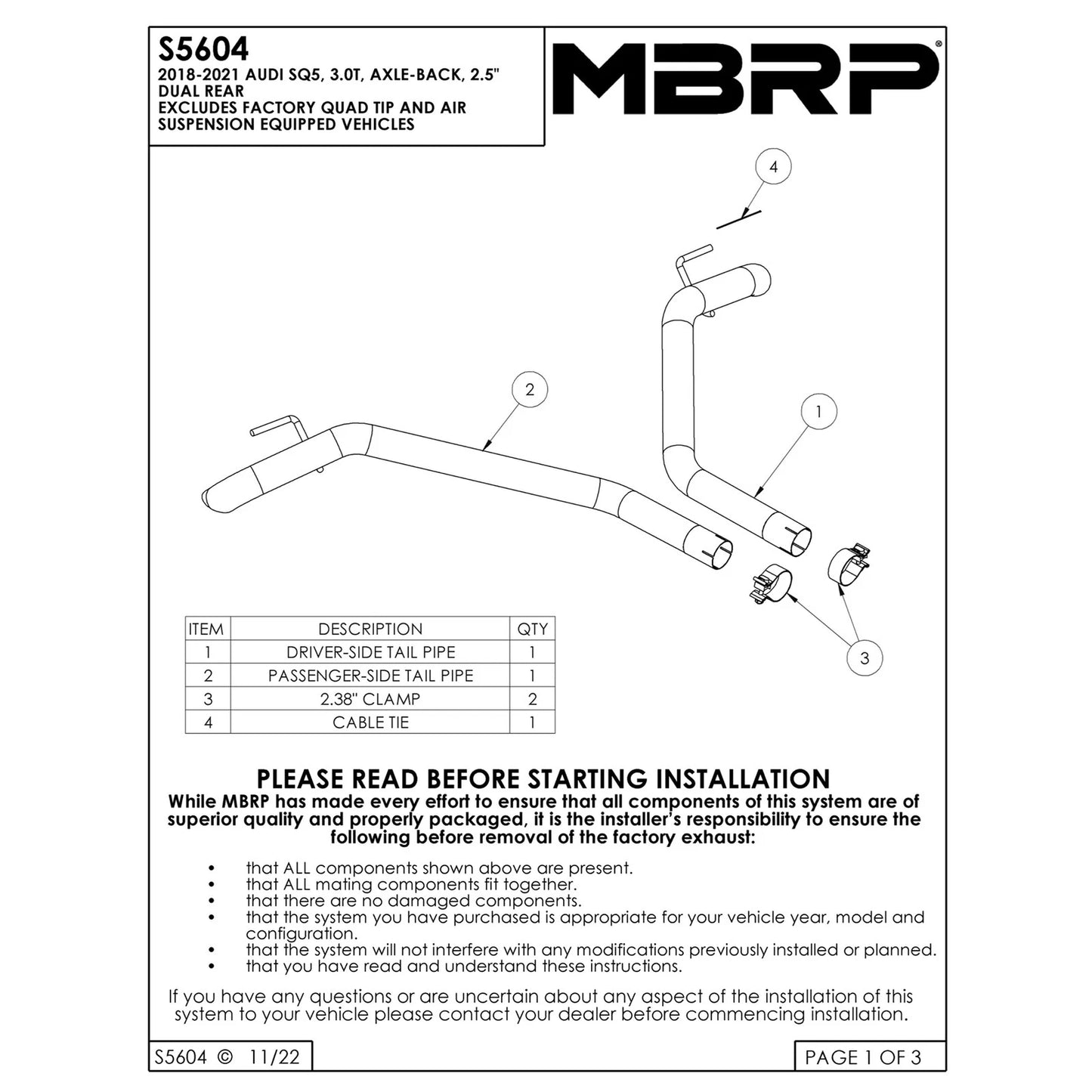 MBRP 18-21 Audi SQ5 3.0T Dual Rear Exit 2.5in Axle Back - T304