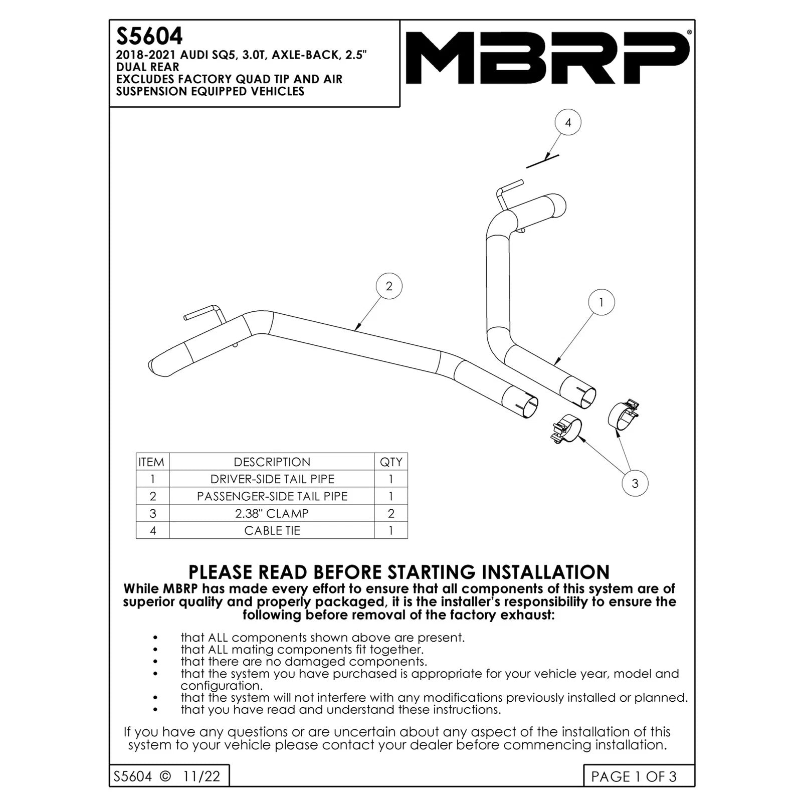 MBRP 18-21 Audi SQ5 3.0T Dual Rear Exit 2.5in Axle Back - T304