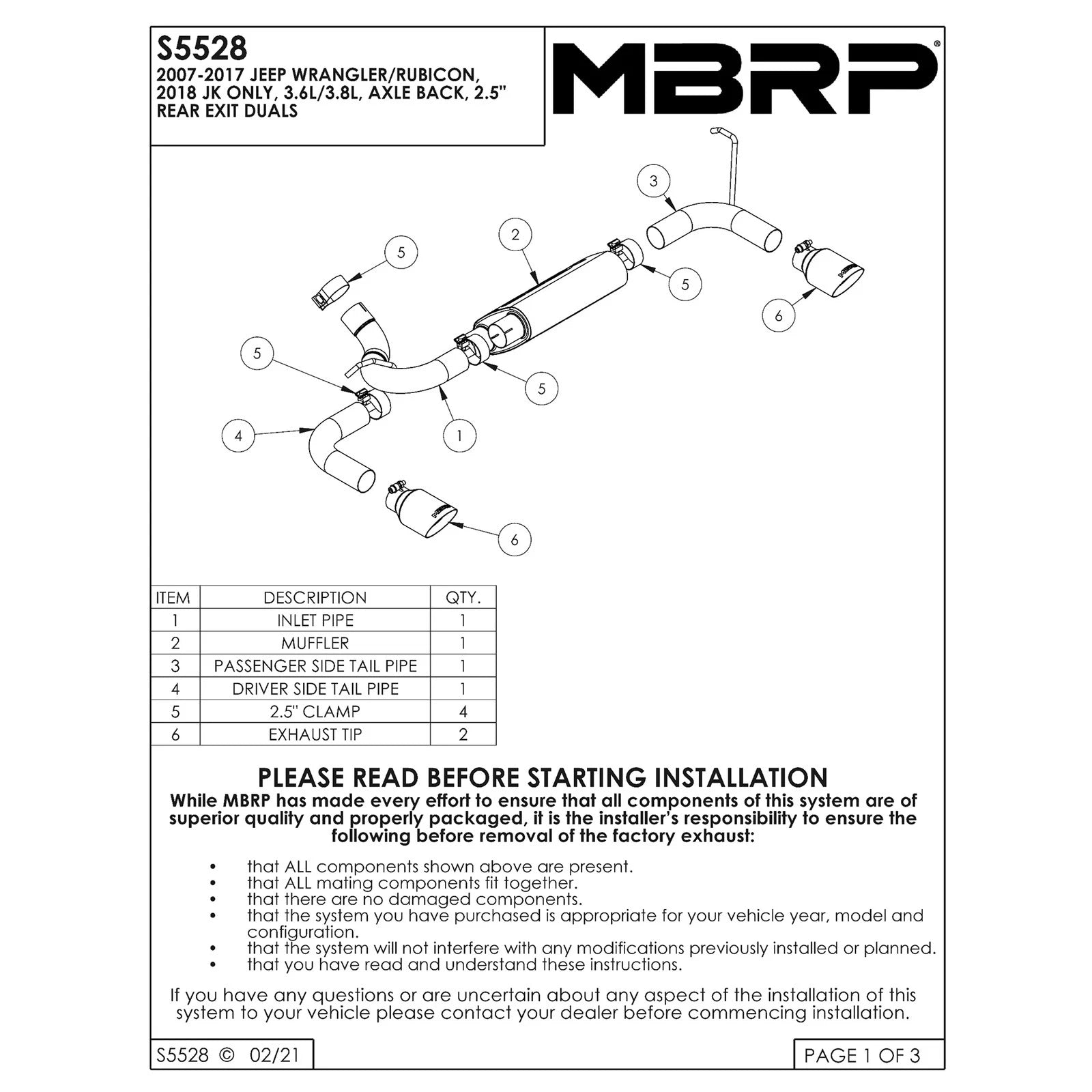 MBRP 07-14 Jeep Wrangler/Rubicon 3.6L/3.8L V6 Axle-Back Dual Rear Exit Aluminum Performance Exhaust