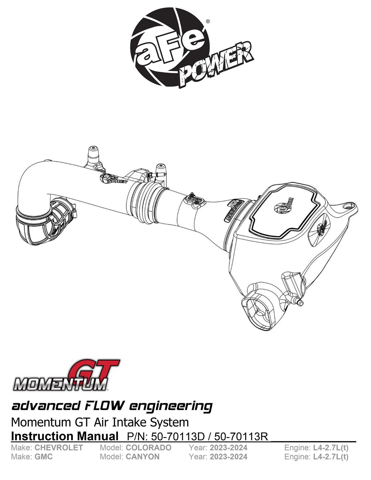 aFe 23-24 GMC Canyon L4 2.7L (t) Momentum GT Cold Air Intake System w/ Pro DRY S Filter