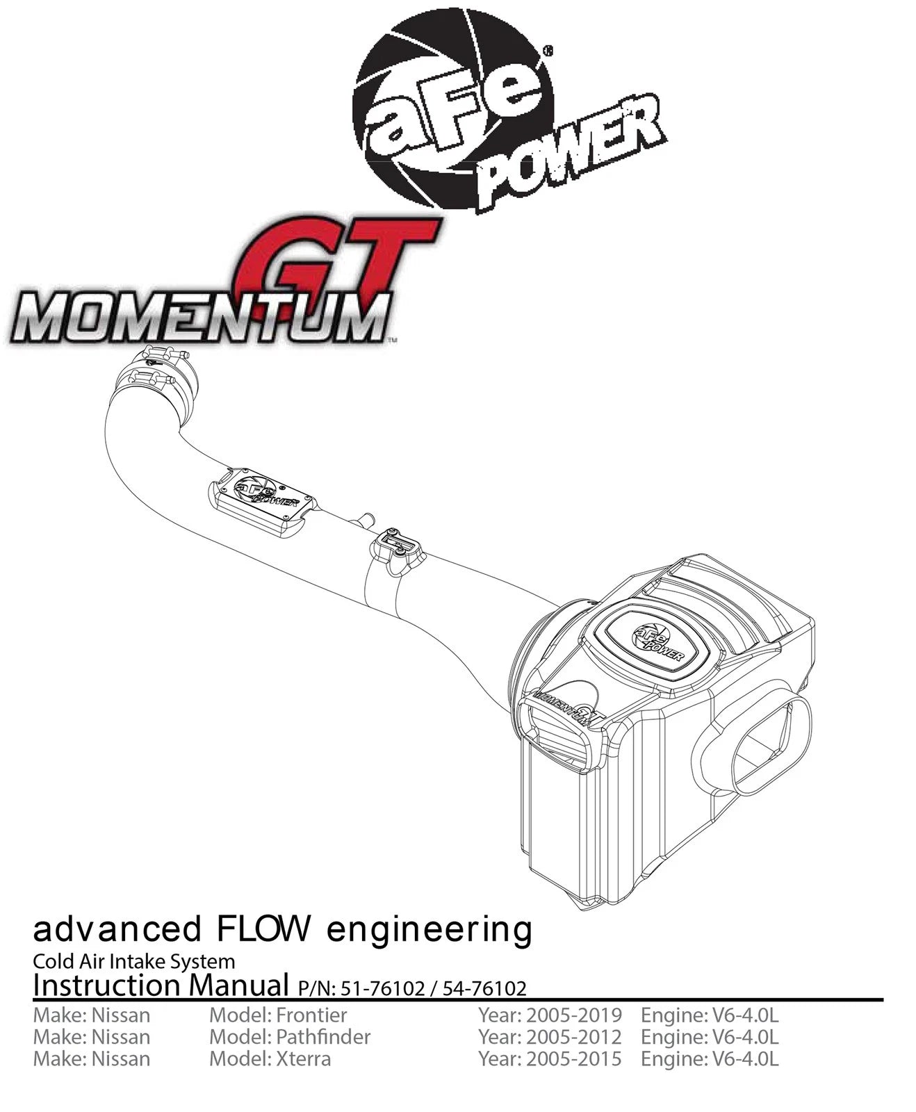 aFe Momentum GT PRO 5R Stage-2 Intake System 05-15 Nissan Xterra 4.0L V6