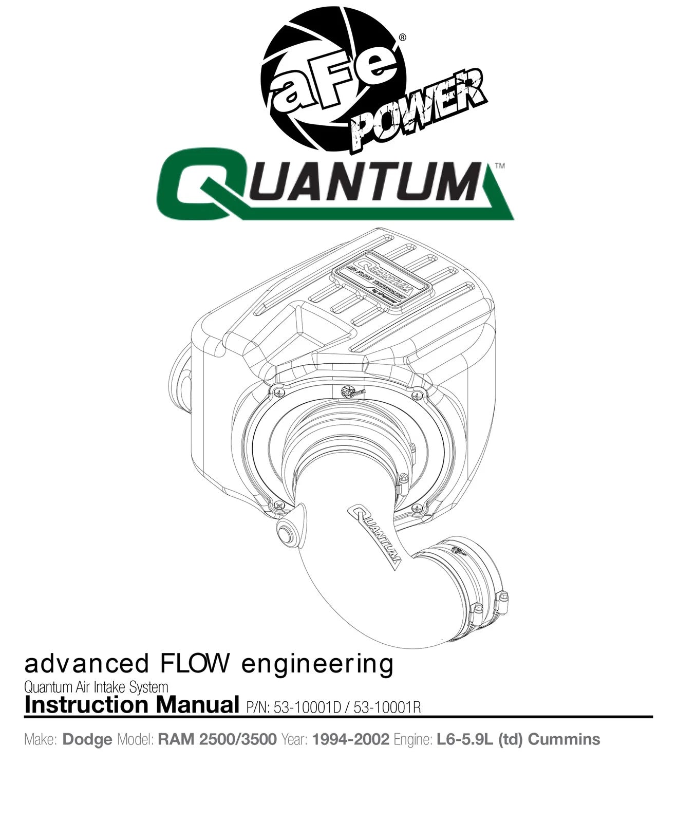 aFe Quantum Pro 5R Cold Air Intake System 94-02 Dodge Cummins L6-5.9L - Oiled
