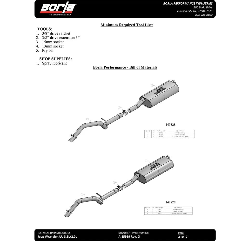 Borla 18-20 Jeep Wrangler 3.6L AT/MT 4WD 2DR Touring Cat-back