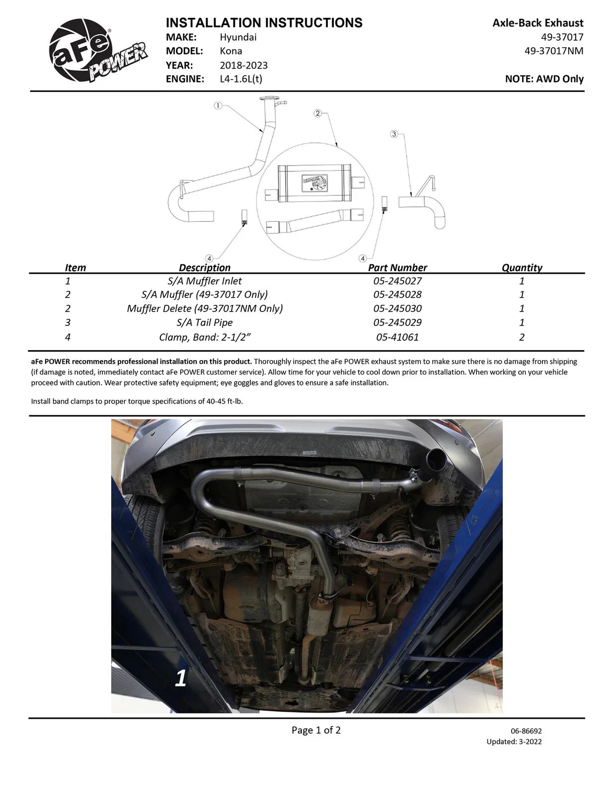 aFe Takeda 2.5in 304 SS Axle-Back Exhaust w/o Muffler w/BlackTips 18-22 Hyundai Kona L4-1.6L (t) AWD