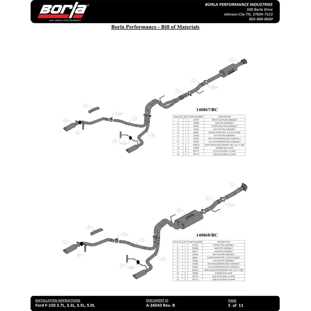 Borla F-150 2021 5.0L 4dr CC SB EC STB Lariat/KR/Platinm/LTD 3/2.25 SRE Cat-Back ATAK Black CHR Tips