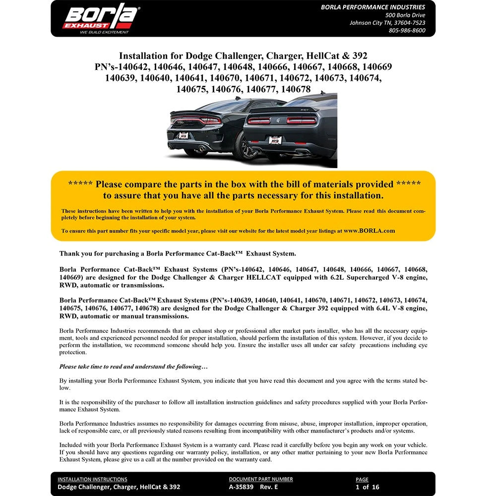 Borla 2015 Dodge Challenger SRT/392 Hemi 6.4L V8 S-TYPE Catback Exhaust w/ Valves Factory Bezel