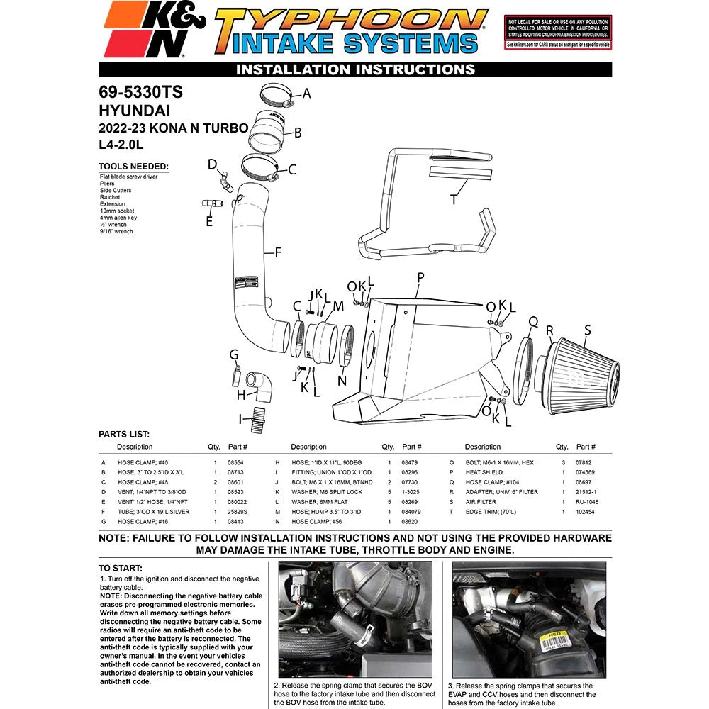 K&N Typhoon 2022 Hyundai Kona N L4-2.0L F/I Turbo Performance Air Intake System