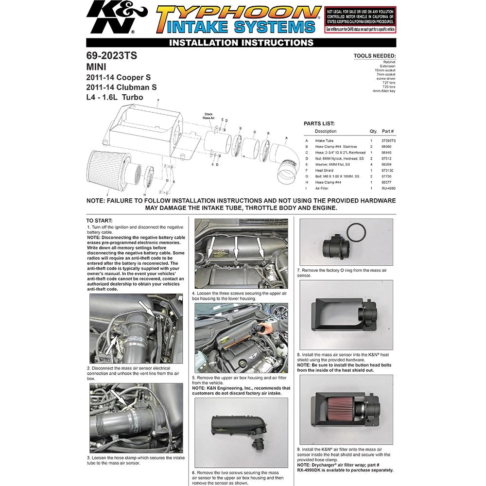 K&N 11-13 Mini Cooper S 1.6L Black Typhoon Performance Intake