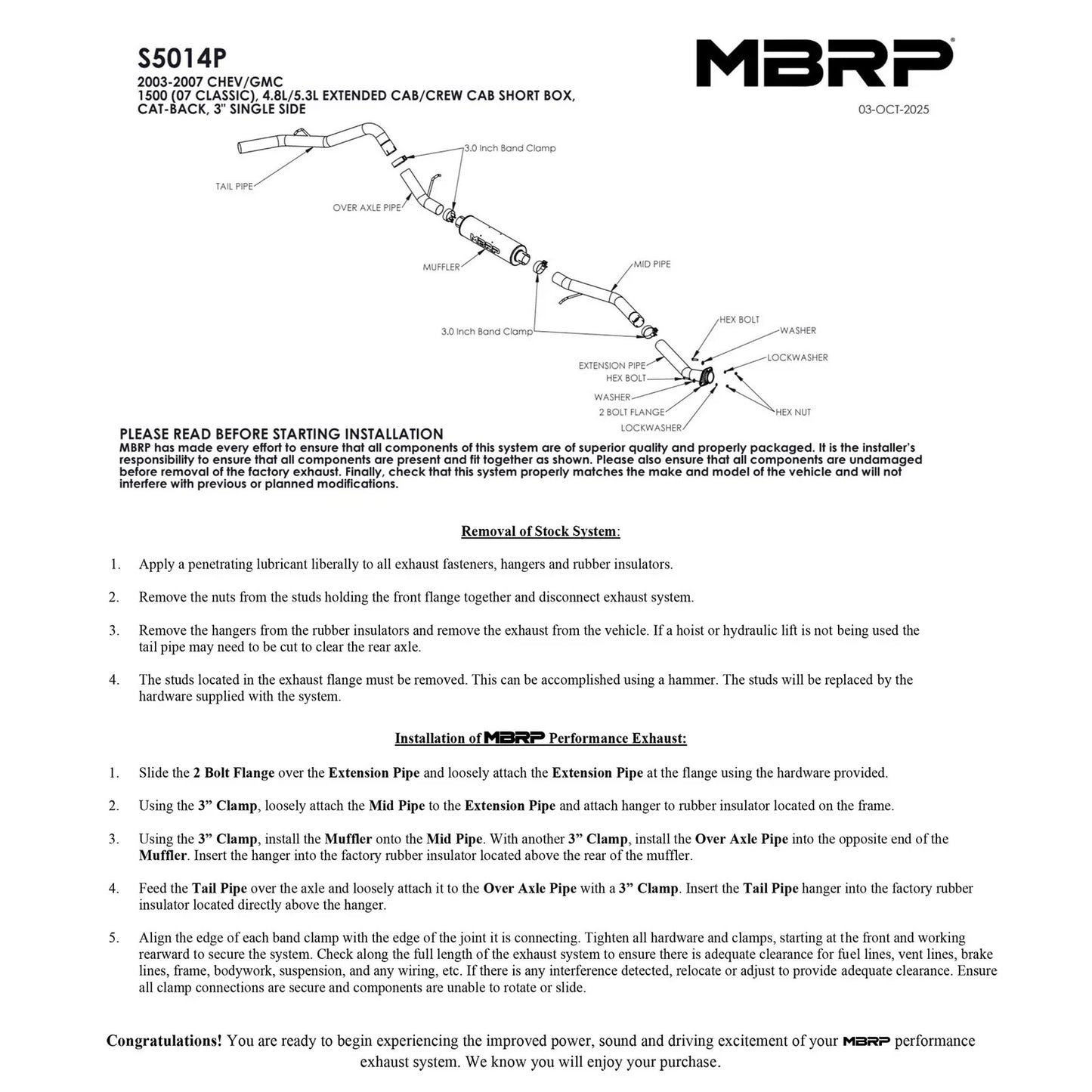 MBRP 2003-2007 Chev/GMC 1500 Classic 4.8/5.3L EC/CC-SB Cat Back Single Side AL P Series Exhaust