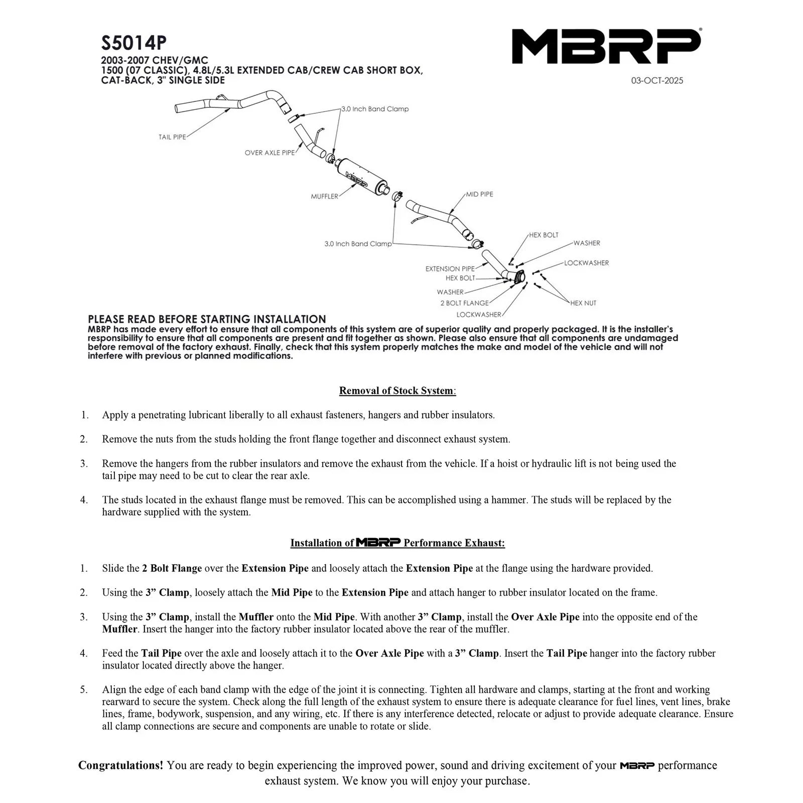 MBRP 2003-2007 Chev/GMC 1500 Classic 4.8/5.3L EC/CC-SB Cat Back Single Side AL P Series Exhaust