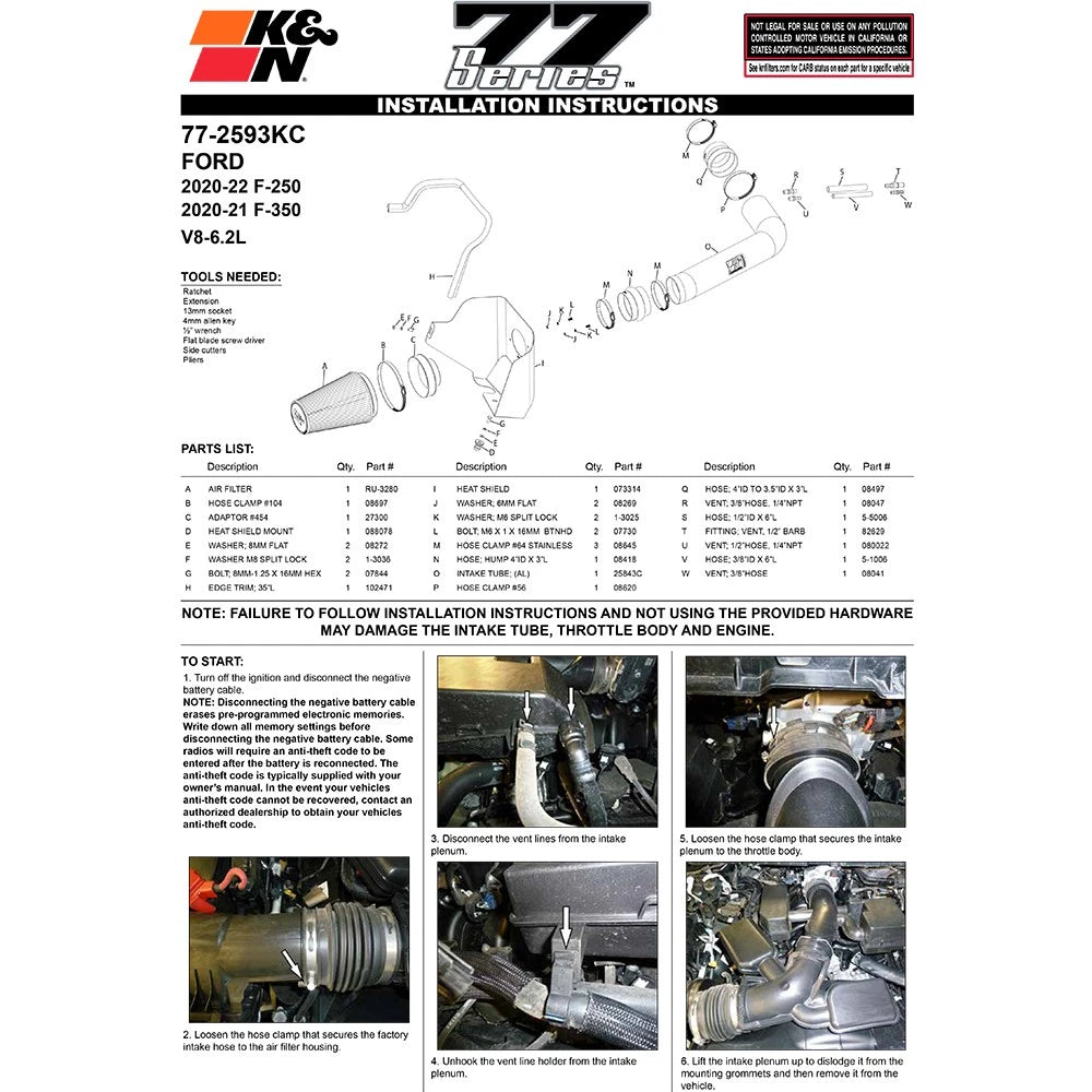 K&N 2020 Ford F250/350 6.2L V8 High Flow Performance Intake Kit