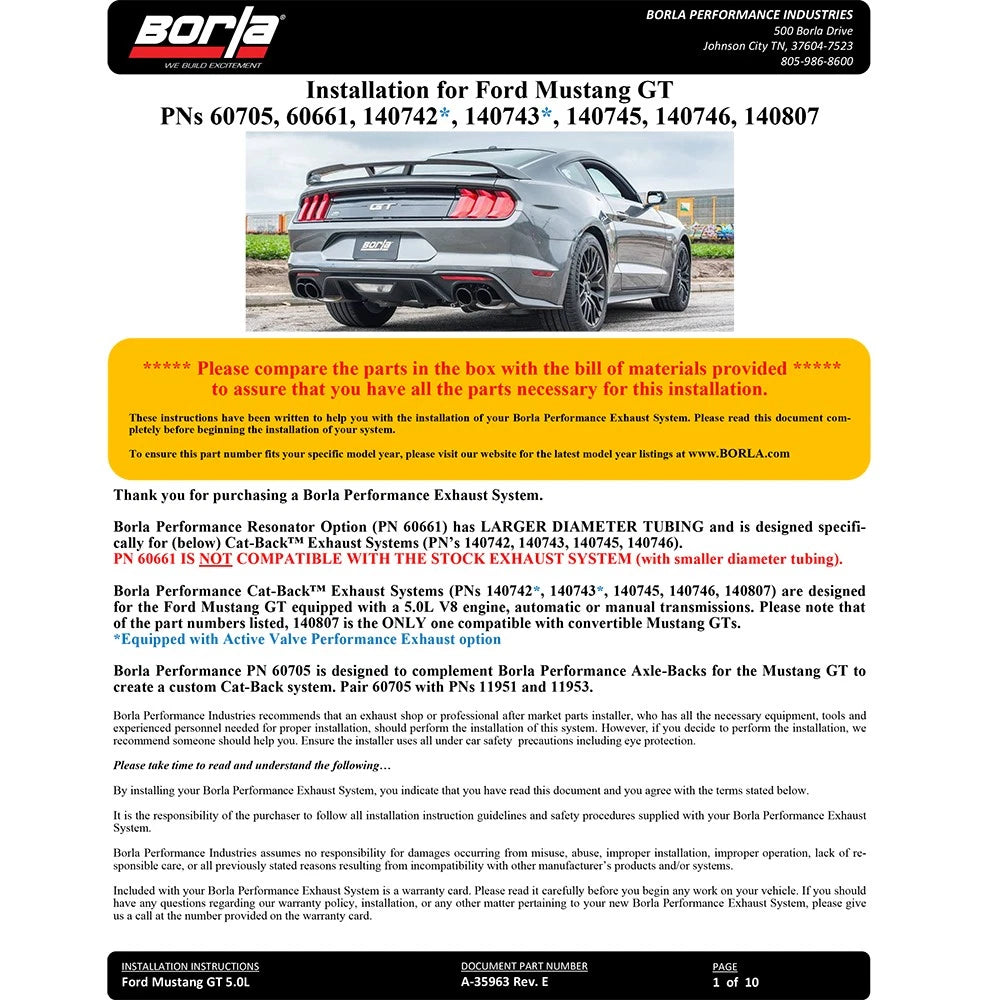 Borla 2018 Ford Mustang GT (A/T / M/T) 3in ATAK Catback Exhaust w/o Valves w/ Black Chrome Tips