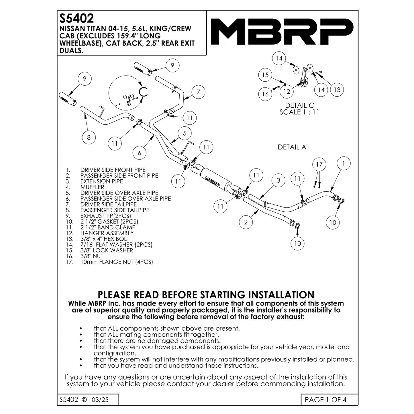 MBRP 2004-2009 Nissan Titan 5.6L EC/CC Cat Back Dual Split Rear