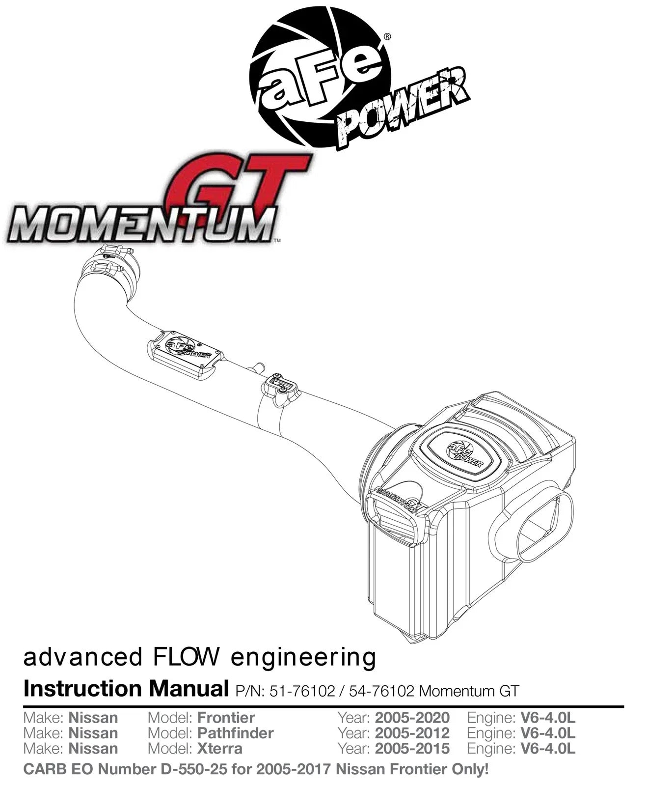 aFe Momentum GT PRO DRY S Stage-2 Intake System 05-15 Nissan Xterra 4.0L V6