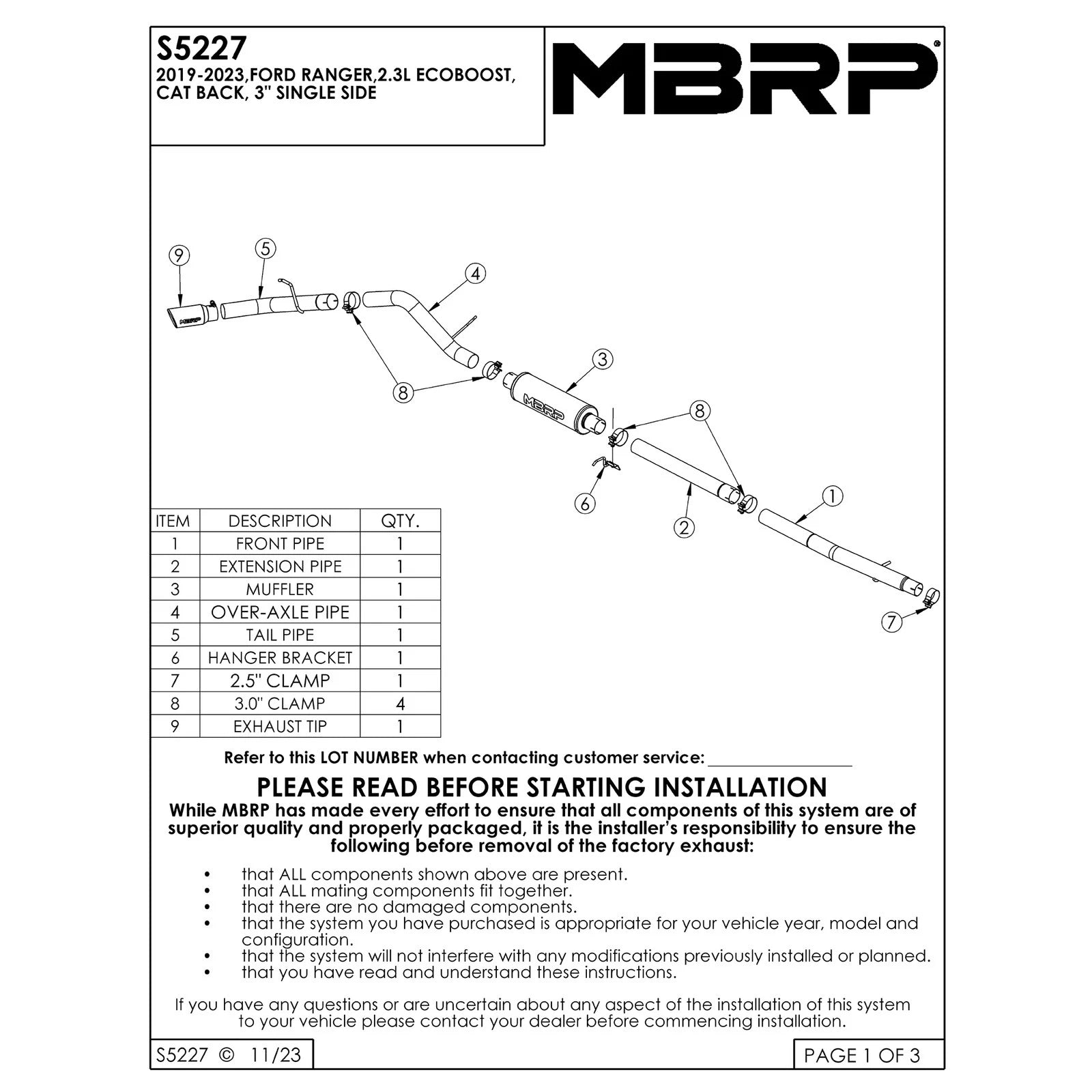 MBRP 2019 Ford Ranger Ecoboost 2.3L 4in OD Tip Single Side Exit 3in AL Cat Back