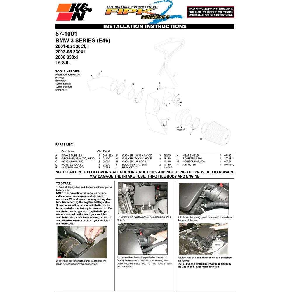 K&N 00-05 BMW 330 L6-3.0L E46 Performance Intake Kit