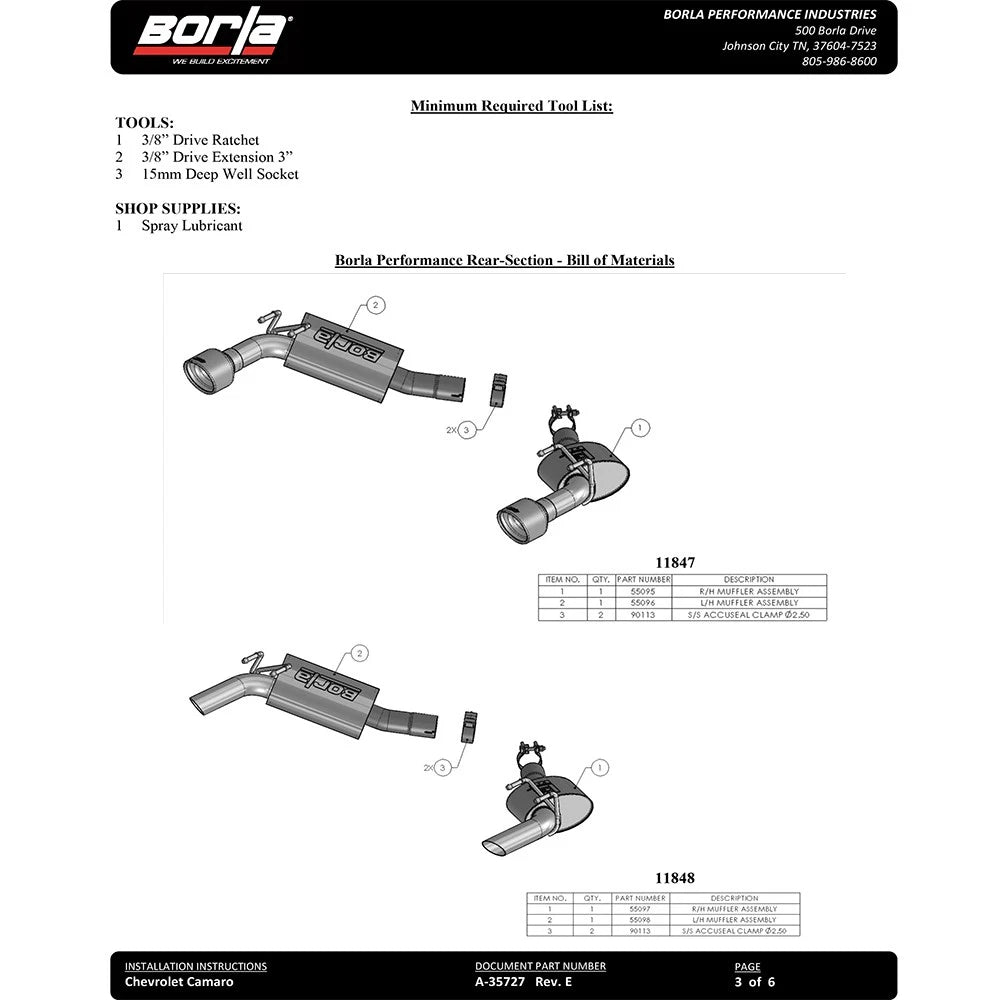Borla 14-15 Chevy Camaro 3.6L V6 RWD Single Split Rr Exit Touring Exhaust (rear section only)