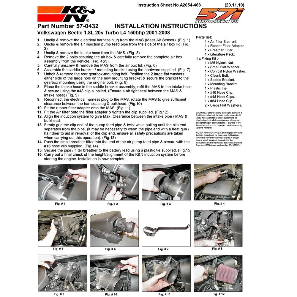 K&N Performance Intake Kit VW BEETLE 1.8L 20V TURBO L4 150BHP
