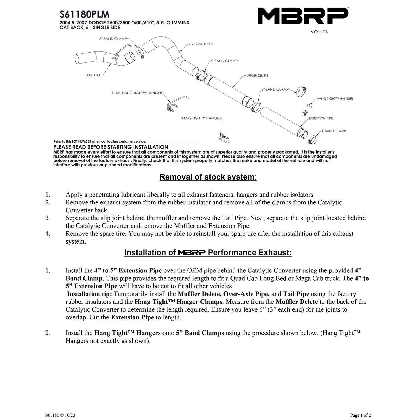 MBRP 2500/3500 Cummins 600/610 5in Cat Back Single Side Exit No Muffler AL