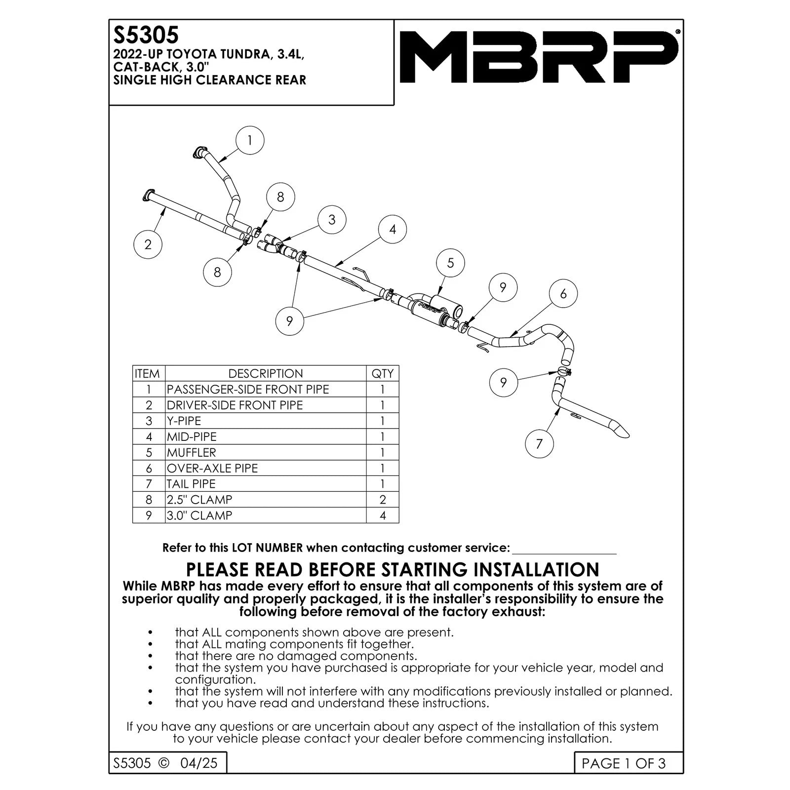 MBRP 22-25 Toyota Tundra 3.4L 3in Cat Back Single Rear Turn Down - Aluminized Steel