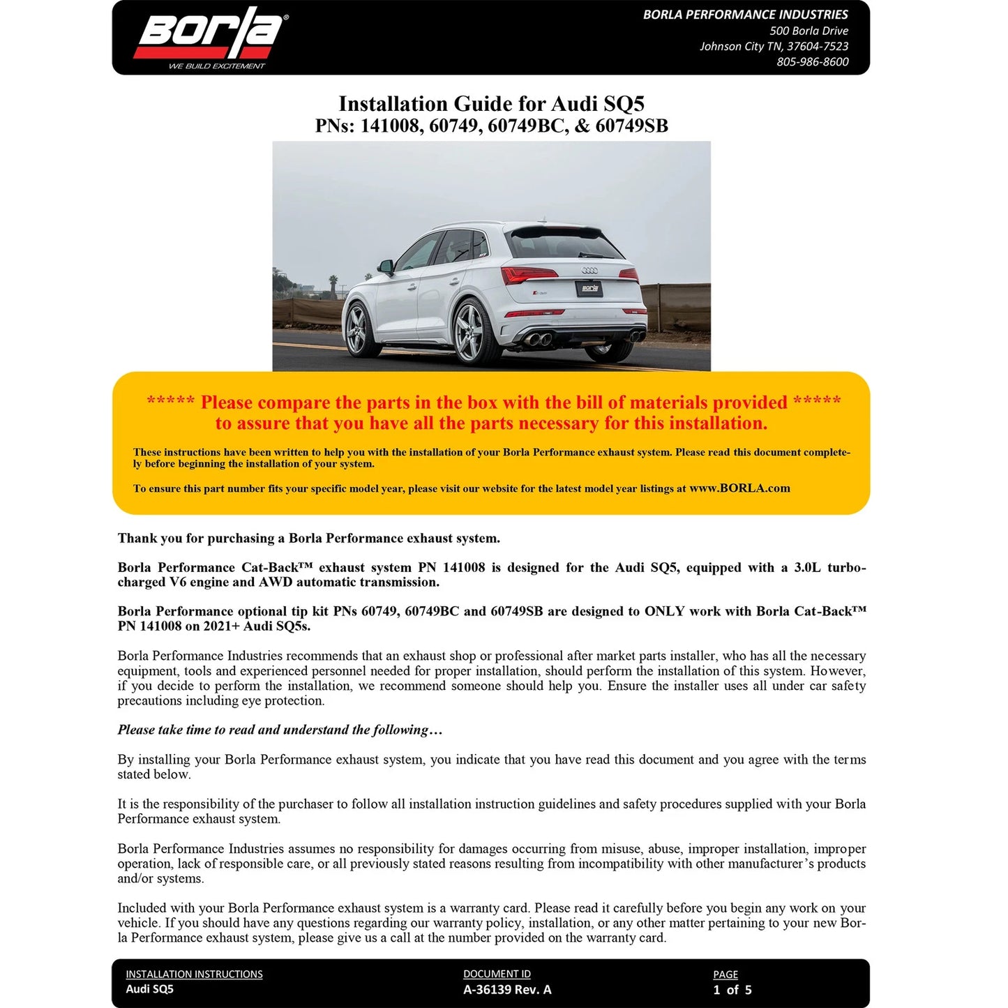 Borla 21-25 Audi SQ5 3.0L-V6 AWD S-Type Catback Exhaust