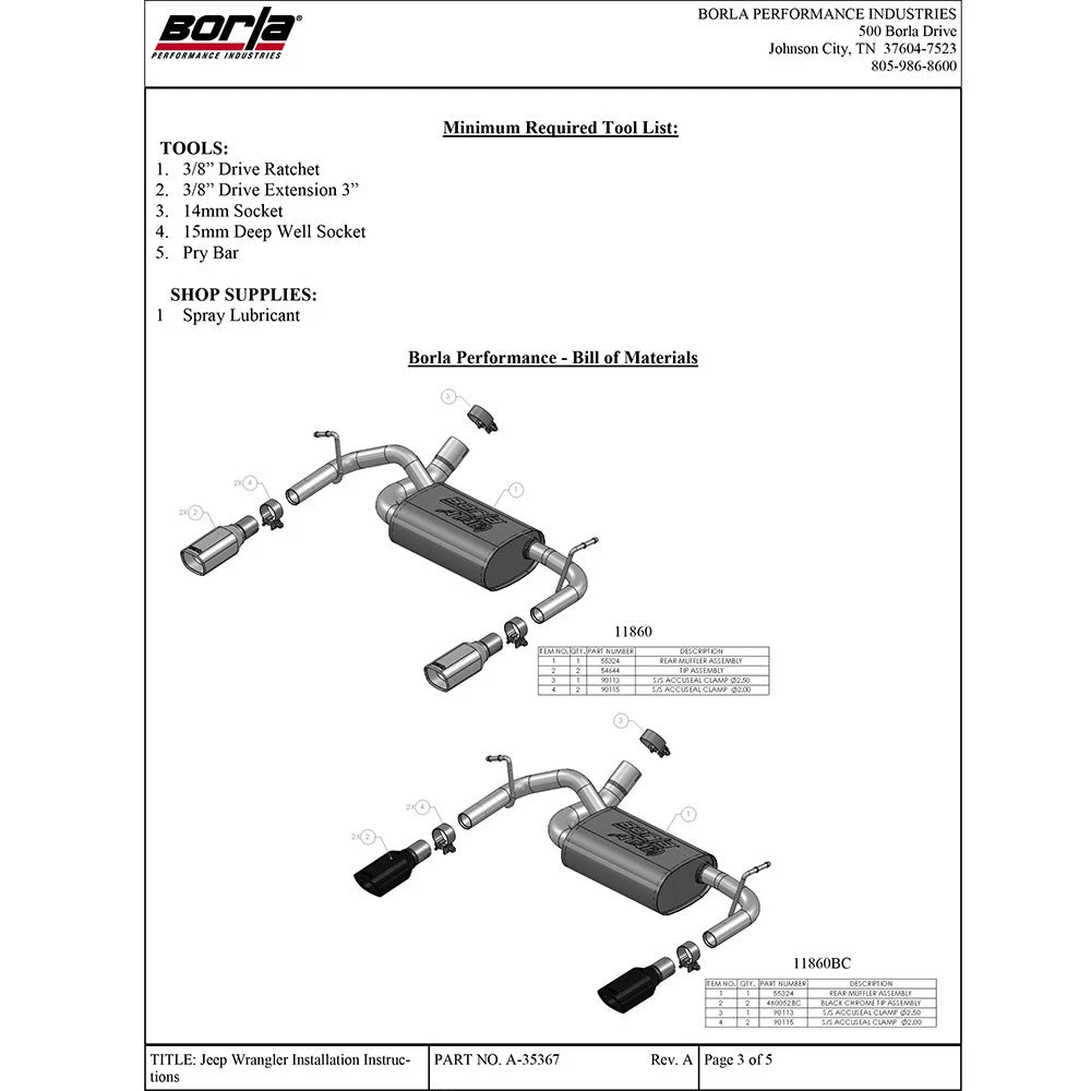 Borla 12-16 Jeep Wrangler 3.6L AT/MT 4WD Single Split Rr Exit Touring Exhaust (rear section only)