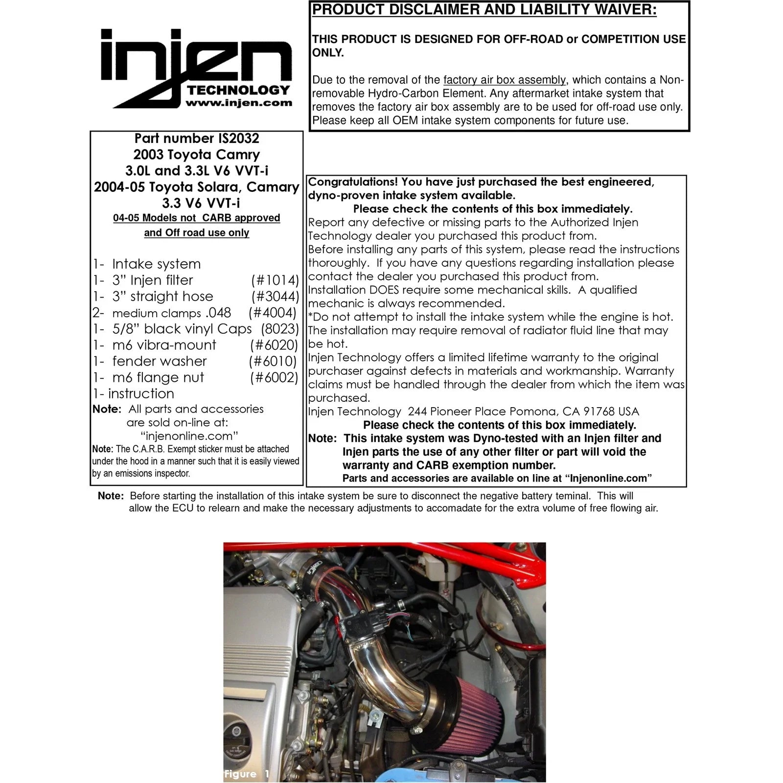 Injen 03-05 Camry 3.0L 3.3L V6 04-05 Solara 3.3L V6 Polished Short Ram Intake