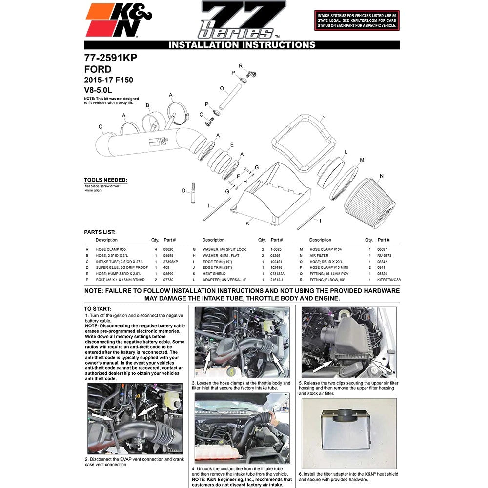 K&N 15 Ford F150 5.0L V8 F/I High Flow Performance Intake Kit