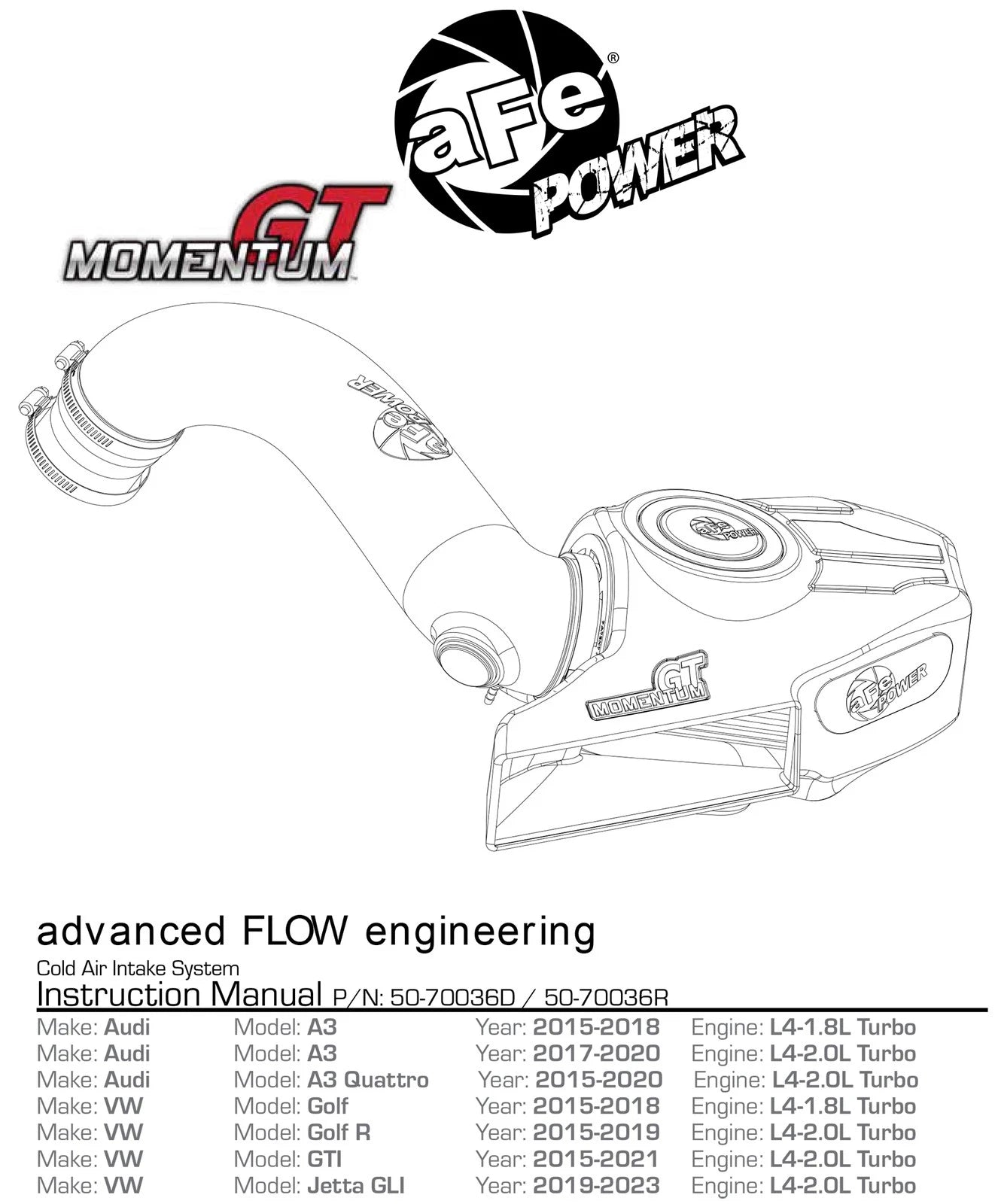 aFe Momentum GT Pro 5R Cold Air Intake System 15-18 Volkswagen Golf R I4-2.0L (t)