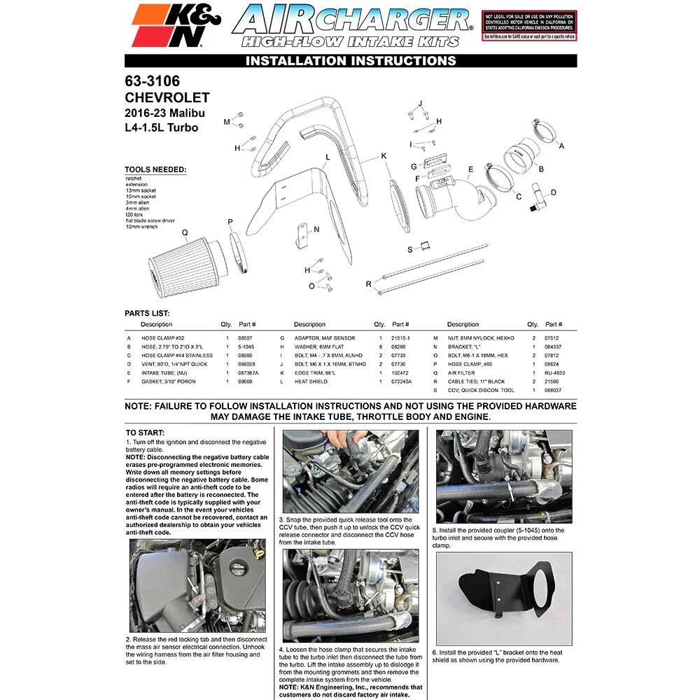 K&N 16-18 Chevrolet Malibu L4-1.5L F/I Turbo AirCharger Performance Intake