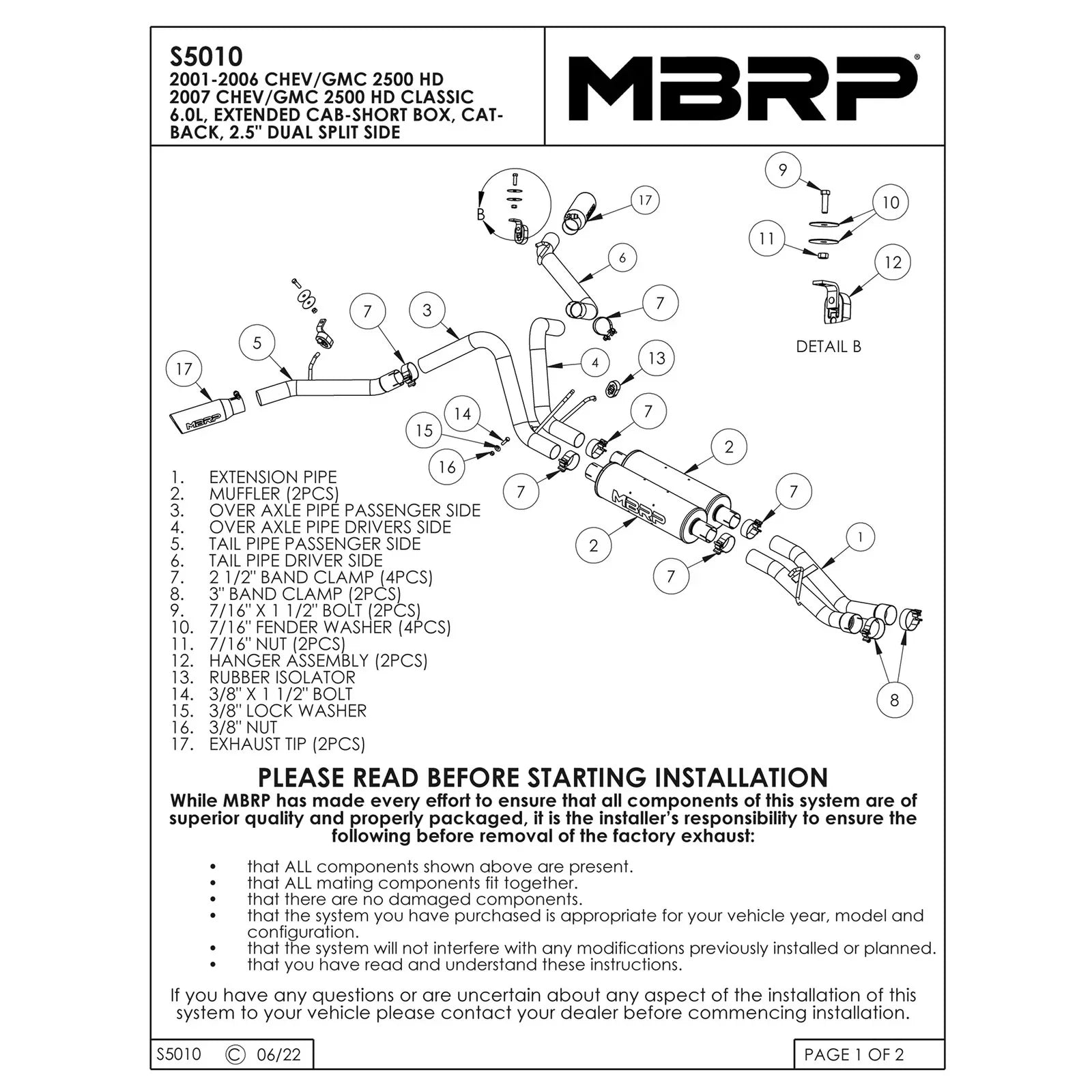 MBRP 2003-2007 Chev/GMC 2500 HD 6.0L EC-SB Cat Back Dual Split Side