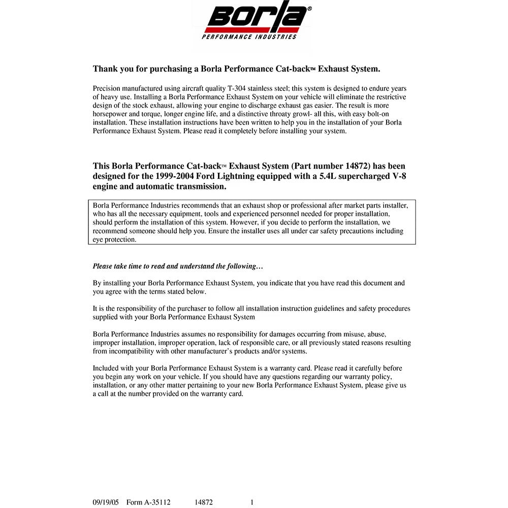 Borla 99-04 Ford F-150 Lightning Std Cab Pick Up 2dr SS Catback Exhaust
