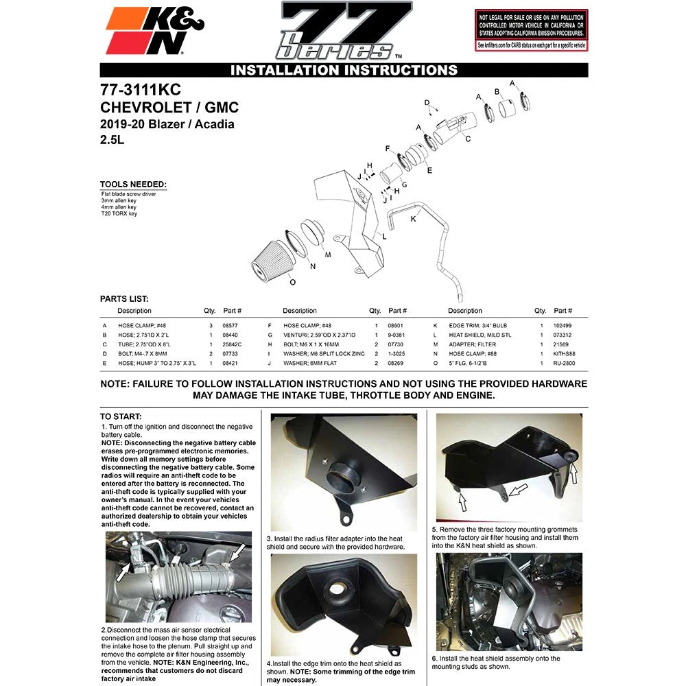 K&N 19-20 Chevy Blazer I4-2.5L Performance Air Intake Kit