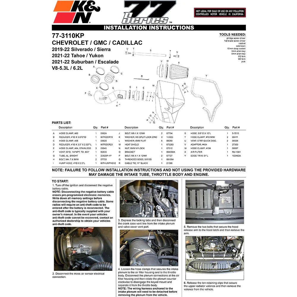 K&N 2019 Chevy Silverado / GMC Sierra 1500 V8-5.3/6.2L Performance Air Intake Kit