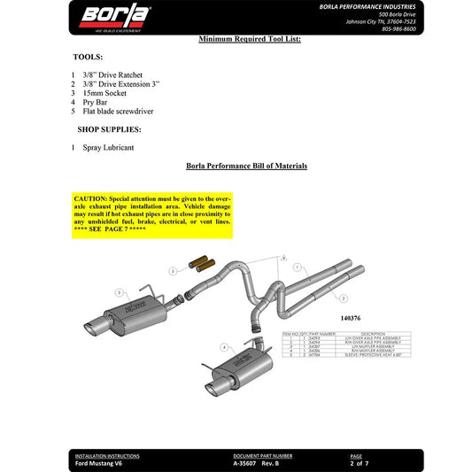 Borla 2011 Ford Mustang 3.7L 6cyl 6spd RWD SS S-Type Catback Exhaust