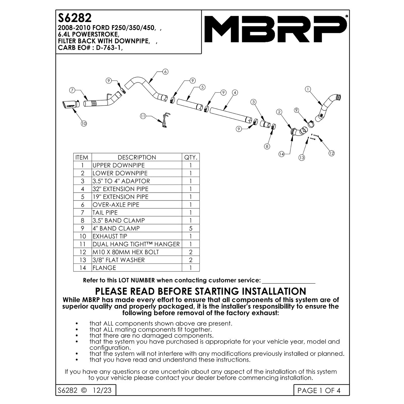 MBRP 08-10 Ford 6.4L F250/350/450 4 inch Filter Back Single Side Exit Aluminum and Down Pipe