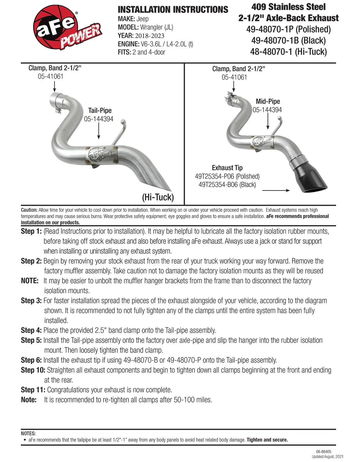 aFe MACH Force-Xp Axle-Back Exhaust System w/Polished Tip 18-20 Jeep Wrangler L4-2.0T / V6-3.6L